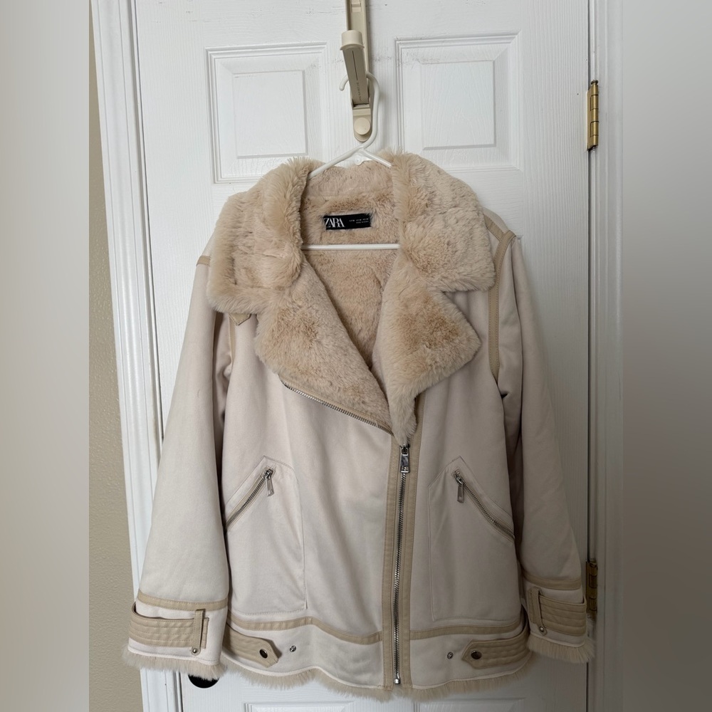 Zara Women's Beige Teddy Jacket with Faux Fur